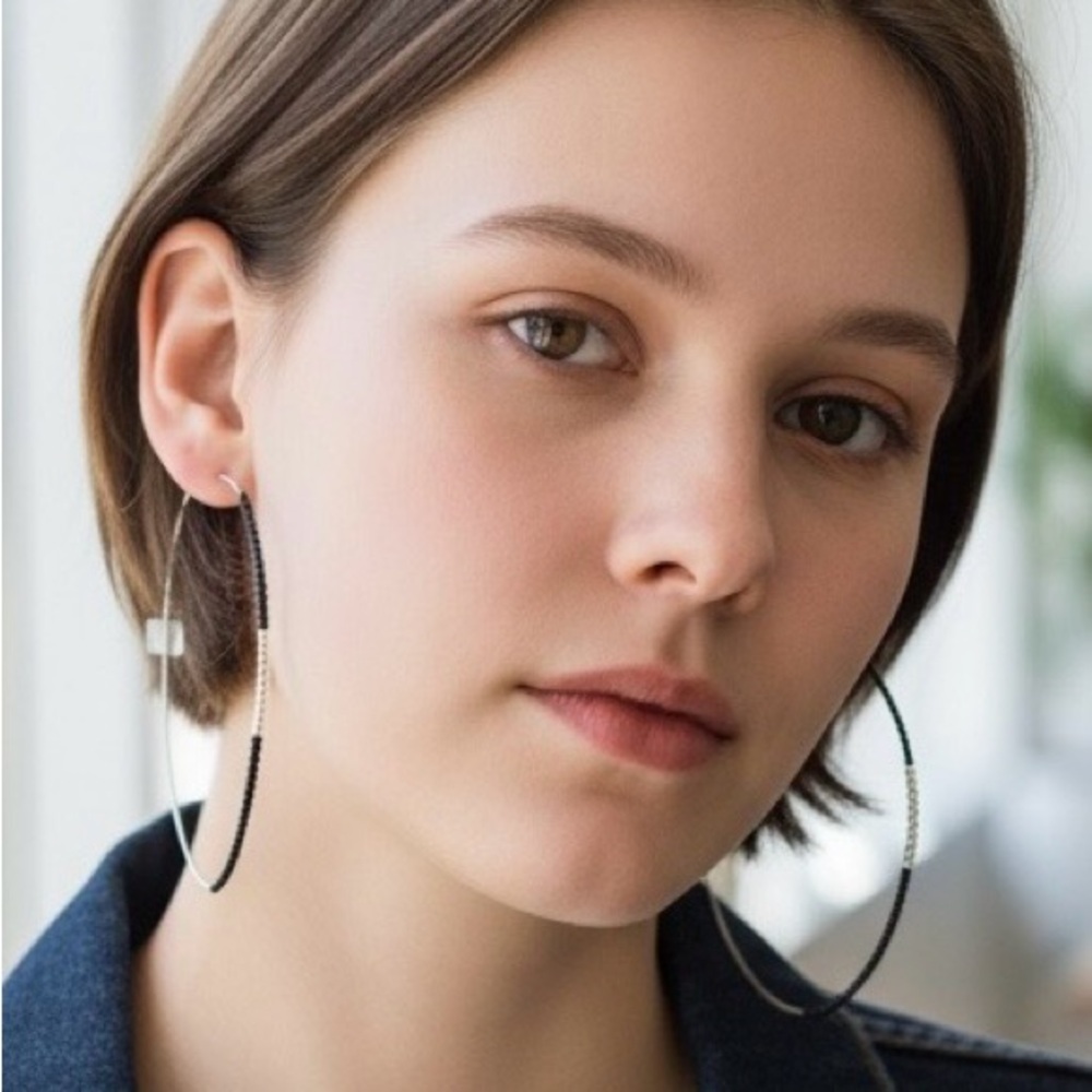 Silver and Black Beaded Hoop Earrings